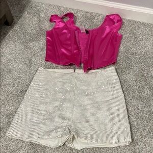 Hot Pink Satin Top and White Sequin Shorts